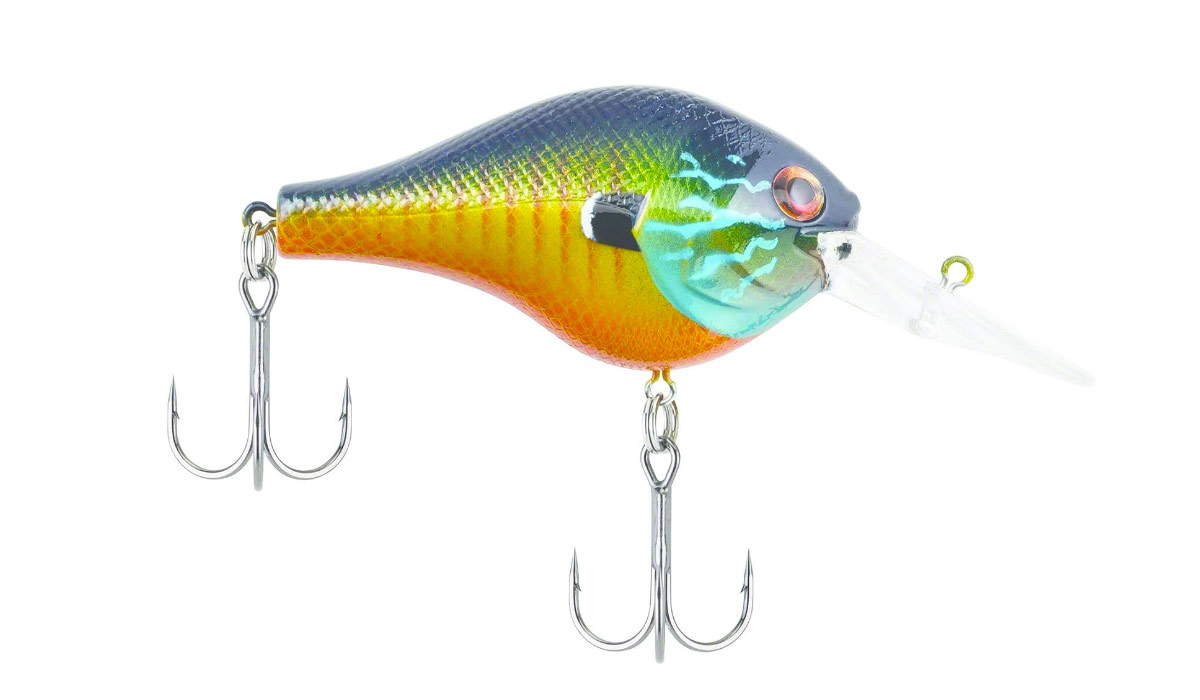 dark green to yellow to orange fade crankbait with blue color face