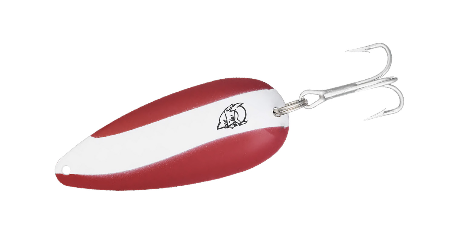 red fishing spoon with white line