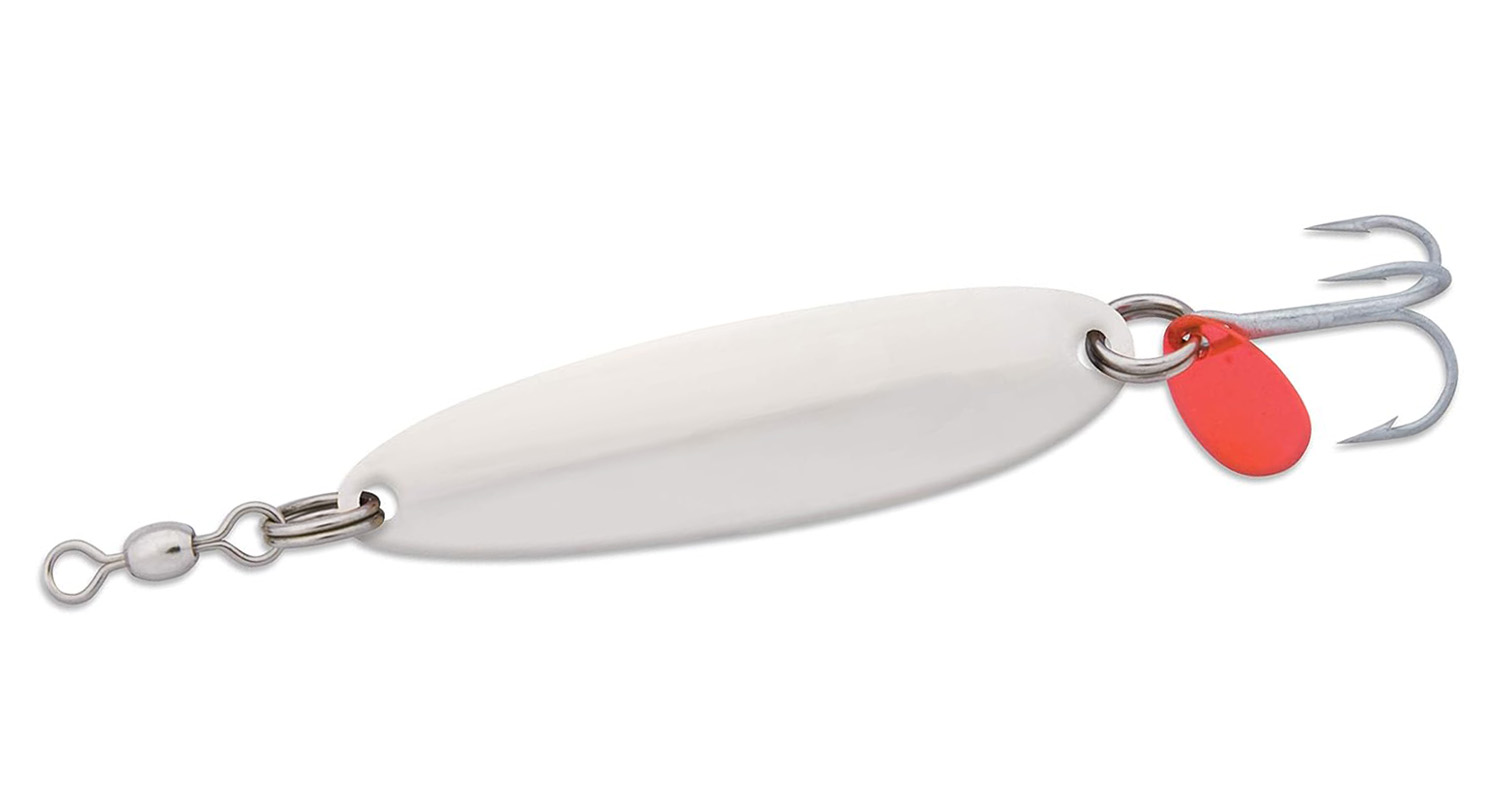 sliver fishing spoon red tab by hook