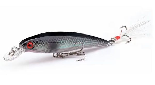 dark grey crankbait with white bucktail