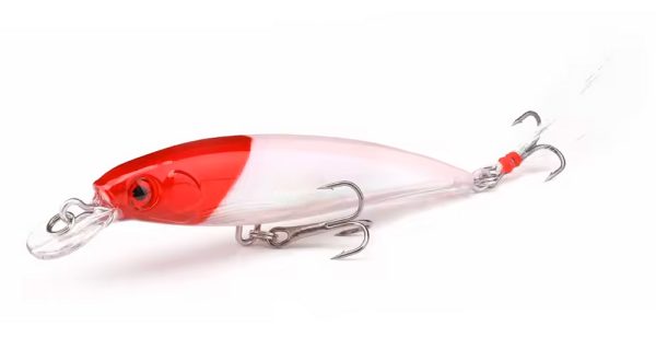 red face white body crankbait with white bucktail end